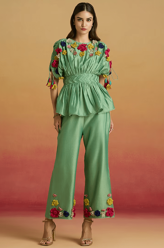 Sage Green Chanderi 3D Floral Applique Work Straight Pants