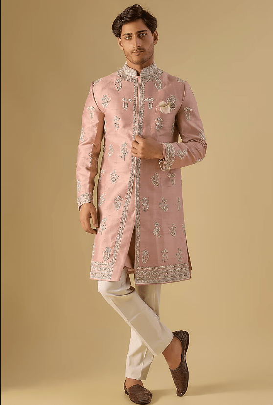 Rose Raw Silk Sherwani Set