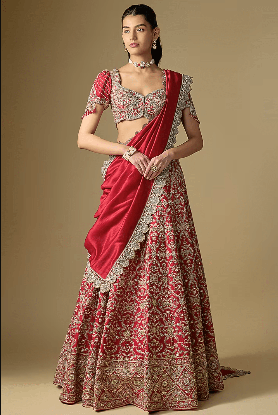Red Raw Silk Embroidered Lehenga Set