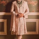 Light Pink Palm Silk Sequins Hand Embroidered Sherwani Set