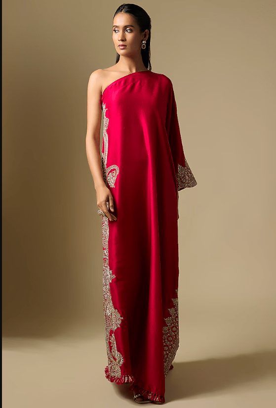 Red Silk One Shoulder Kaftan