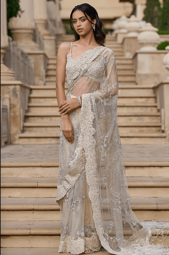 Ivory Tulle & Lace Embellished Draped Skirt Saree Set