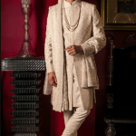 Cloud White Raw Silk Hand Embroidered Sherwani Set