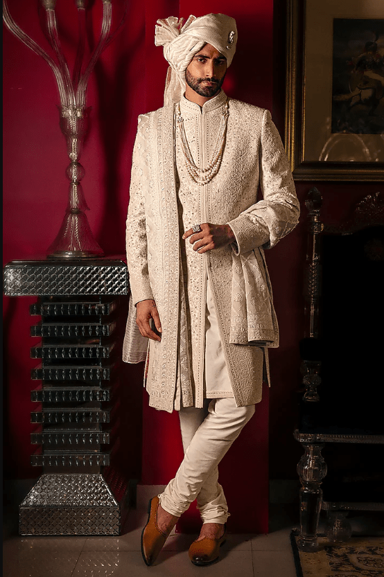 Cloud White Raw Silk Hand Embroidered Sherwani Set