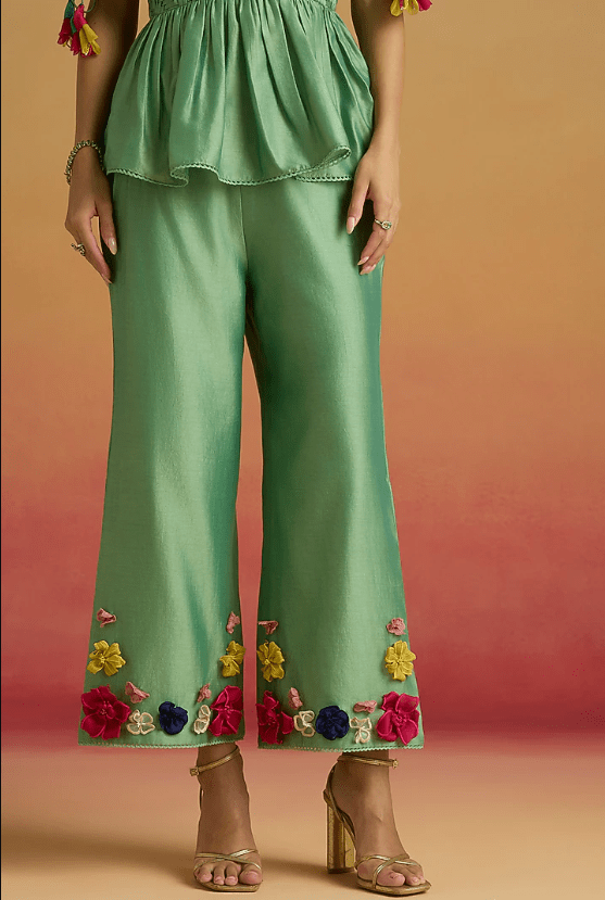 Sage Green Chanderi 3D Floral Applique Work Straight Pants - Image 2