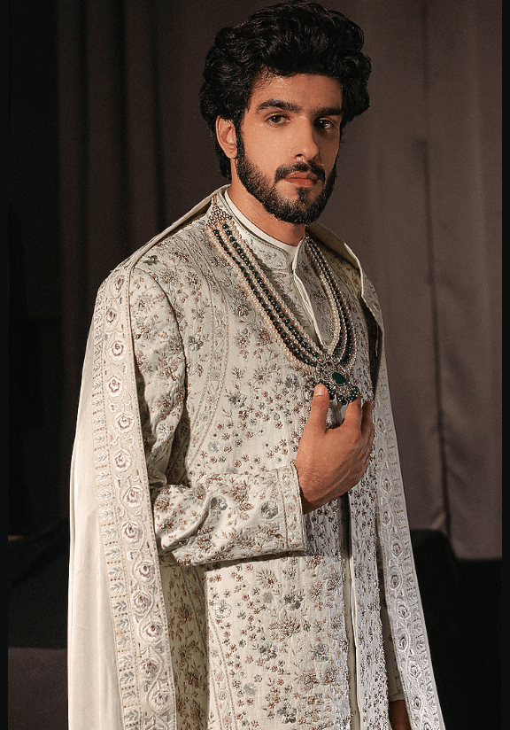 Blue Linen Silk Zardosi Hand Embroidered Sherwani Set - Image 2