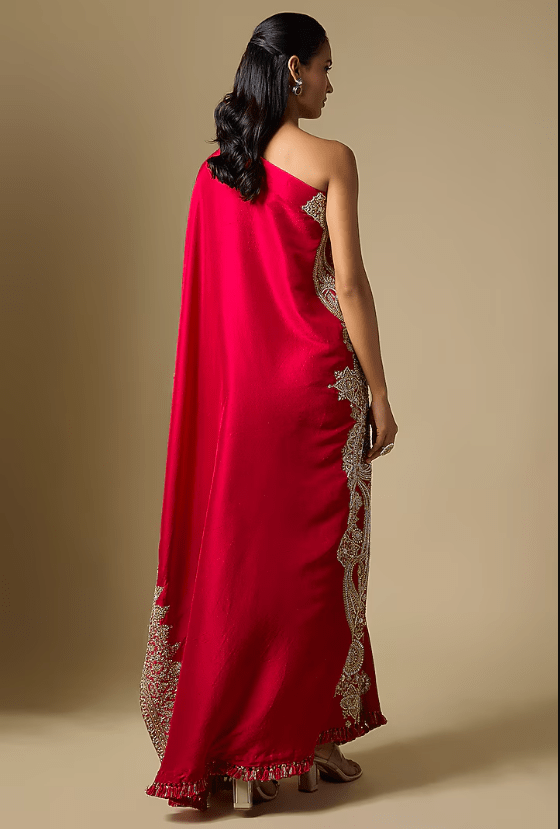 Red Silk One Shoulder Kaftan - Image 2