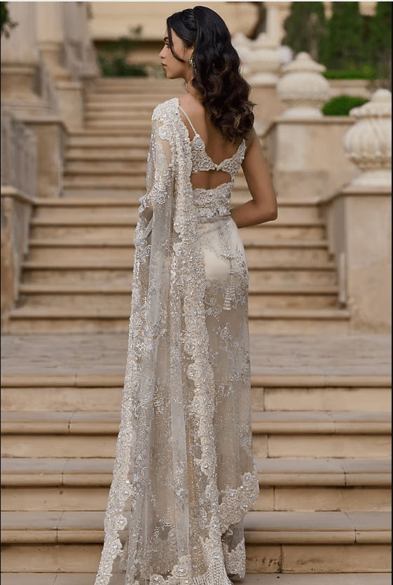 Ivory Tulle & Lace Embellished Draped Skirt Saree Set - Image 2