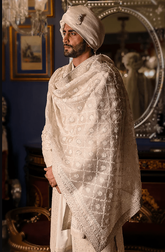 Cloud White Raw Silk Hand Embroidered Sherwani Set - Image 2