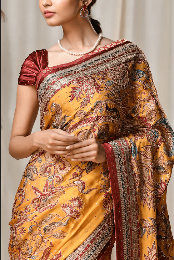 Mustard Embroidered Saree Set - Image 3