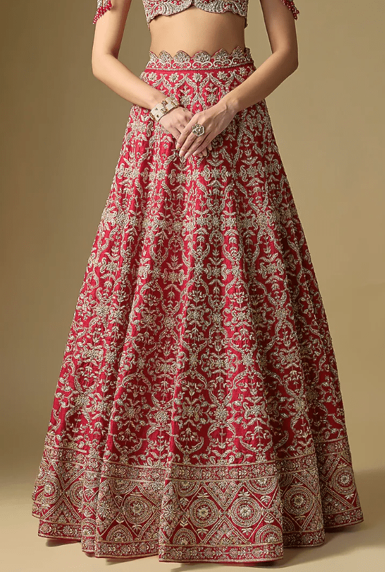 Red Raw Silk Embroidered Lehenga Set - Image 3