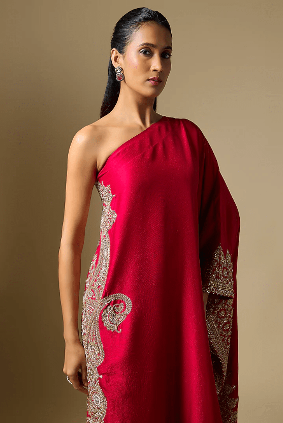 Red Silk One Shoulder Kaftan - Image 3