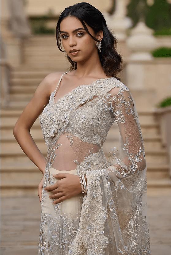Ivory Tulle & Lace Embellished Draped Skirt Saree Set - Image 3