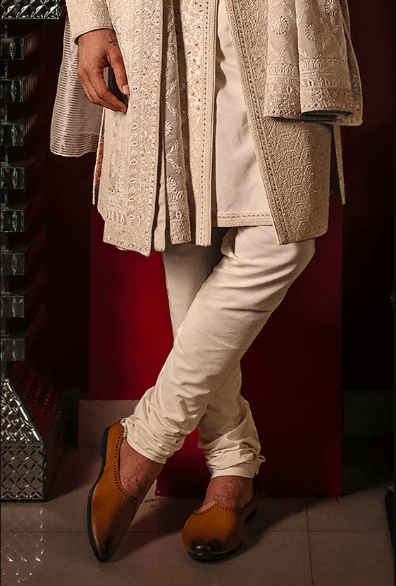 Cloud White Raw Silk Hand Embroidered Sherwani Set - Image 3