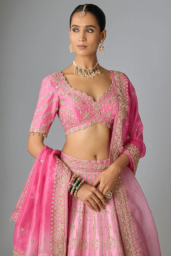 Blush Pink Dupion Silk Marori & Mukaish Work Lehenga Set - Image 4