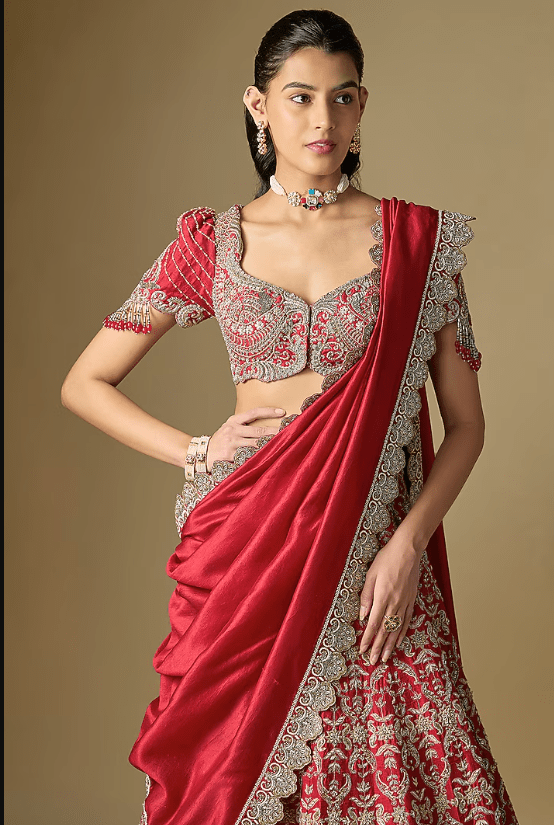 Red Raw Silk Embroidered Lehenga Set - Image 4