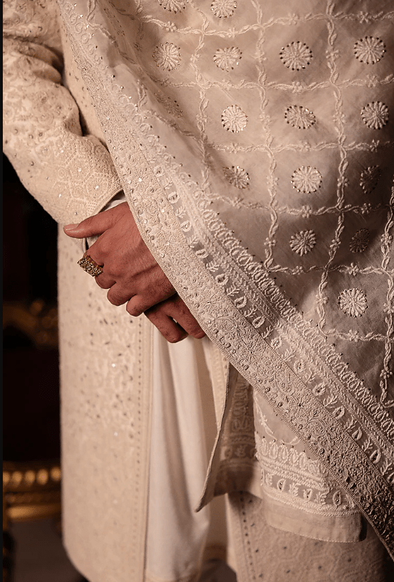 Cloud White Raw Silk Hand Embroidered Sherwani Set - Image 4