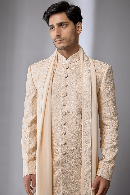 Pearl-Colored Silk Hand Embroidered Sherwani Set - Image 4