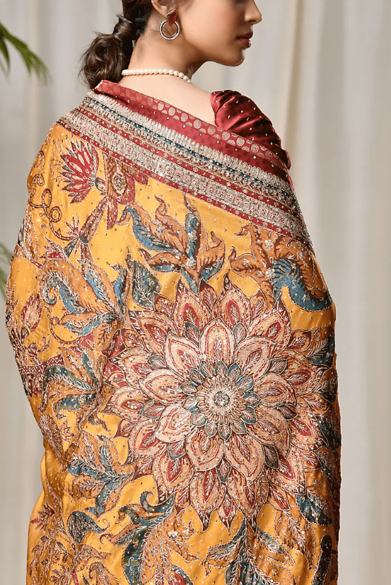 Mustard Embroidered Saree Set - Image 4