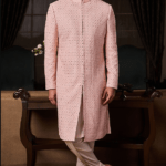 Peach Raw Silk Resham Embroidered Sherwani Set