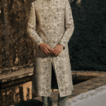 Beige Raw Silk Hand Embroidered Sherwani Set