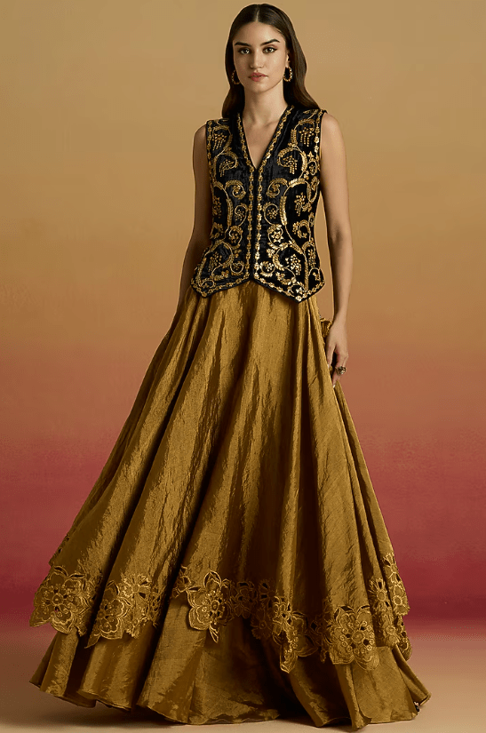 Gold Tissue Cutwork Layered Lehenga