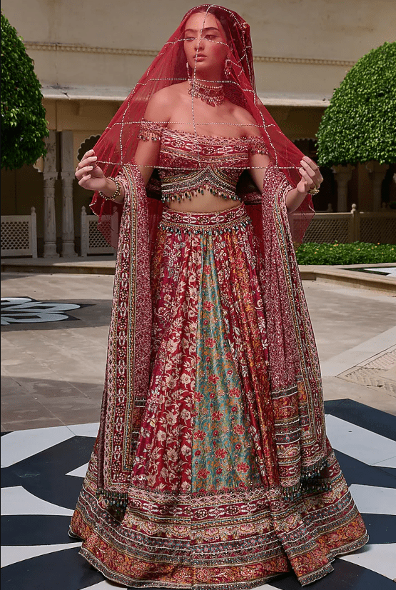 Multi-Colored Silk Dupion Embroidered Lehenga Set
