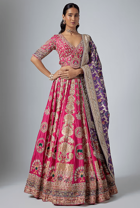 Pink & Purple Pure Banarasi Katan Silk Zardosi Embroidered Lehenga Set