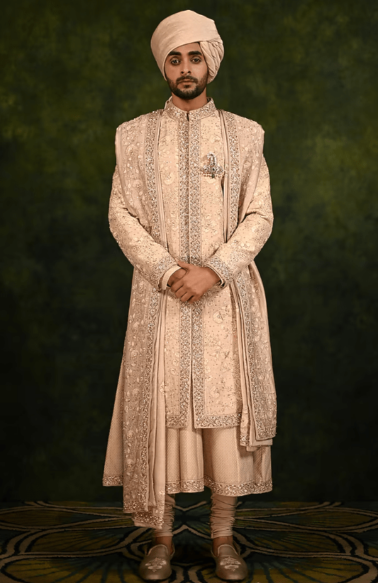 Mushroom-Colored Raw Silk Thread Work Sherwani Set