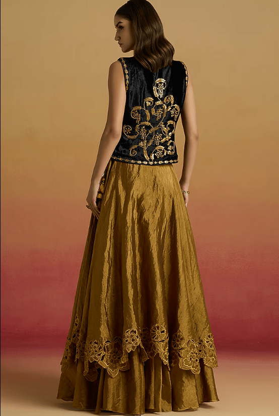 Gold Tissue Cutwork Layered Lehenga - Image 2