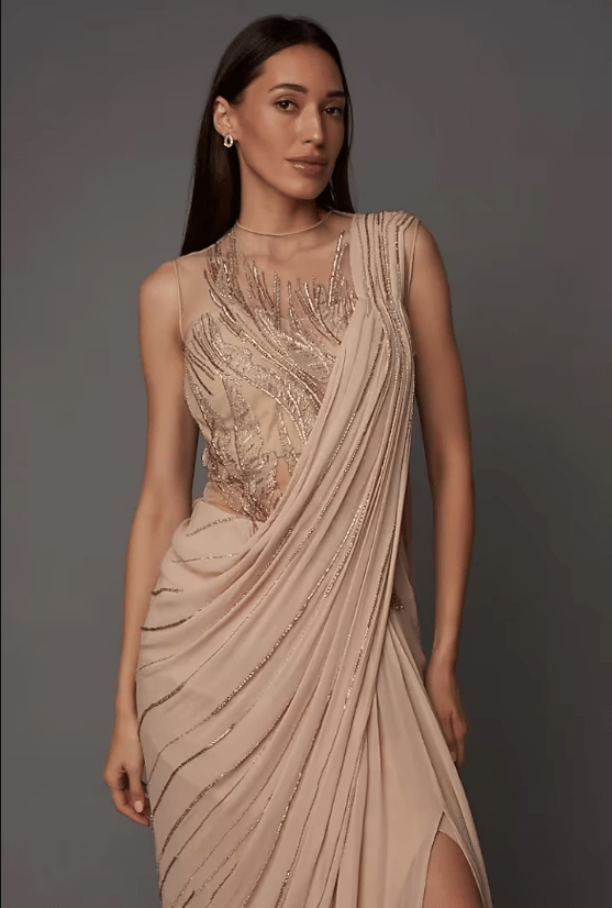 Nude Silk Gown Saree - Image 2