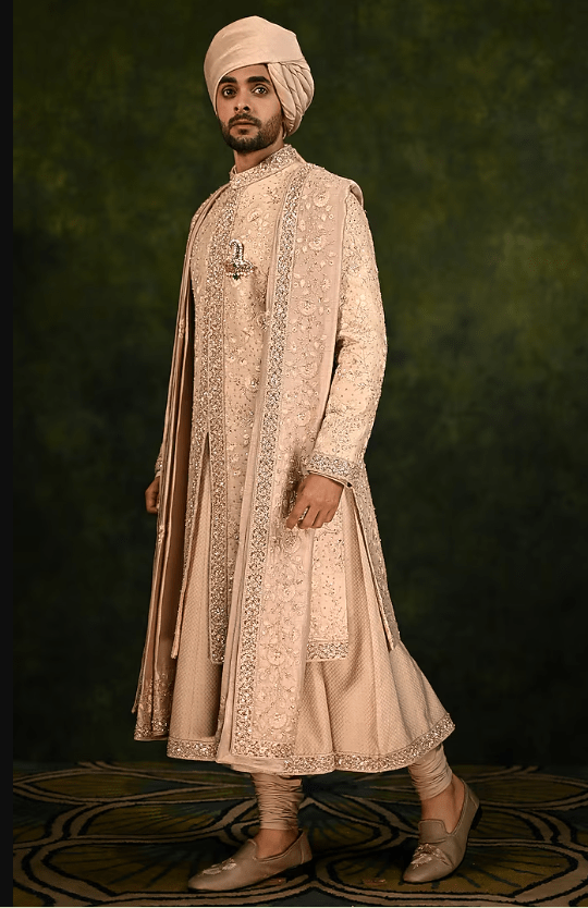 Mushroom-Colored Raw Silk Thread Work Sherwani Set - Image 2