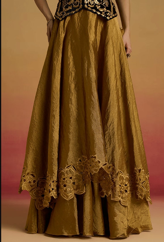 Gold Tissue Cutwork Layered Lehenga - Image 3