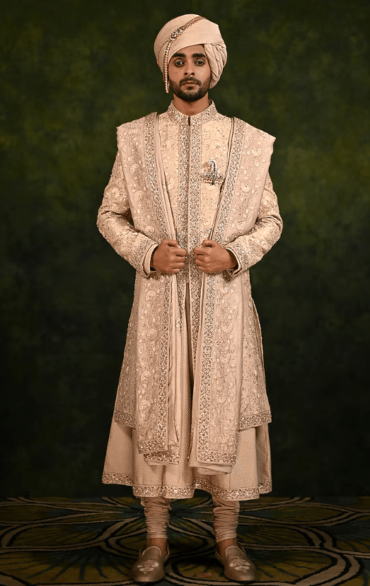 Mushroom-Colored Raw Silk Thread Work Sherwani Set - Image 3