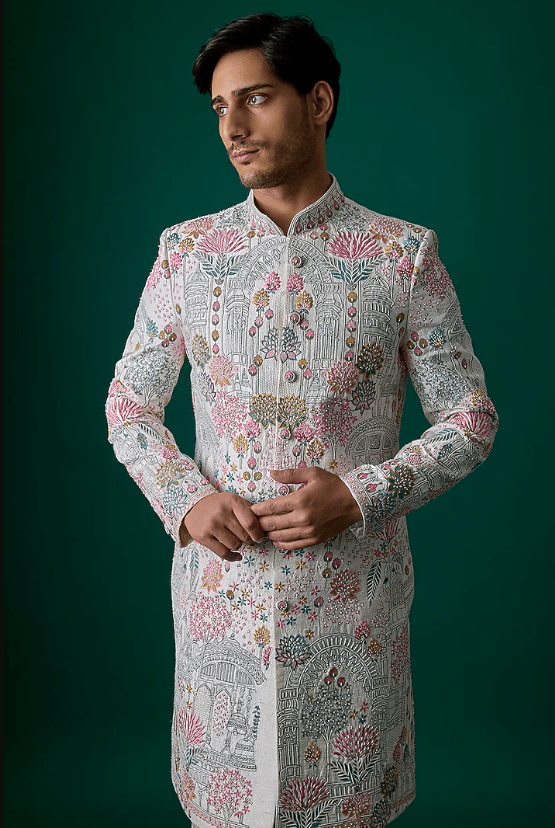 Off-White Silk Sherwani Set - Image 4