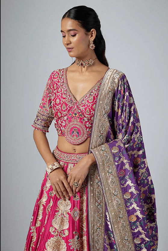 Pink & Purple Pure Banarasi Katan Silk Zardosi Embroidered Lehenga Set - Image 4
