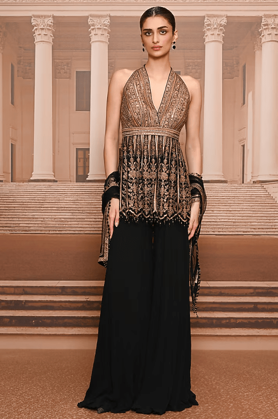 Black & Gold Chiffon Sharara Set