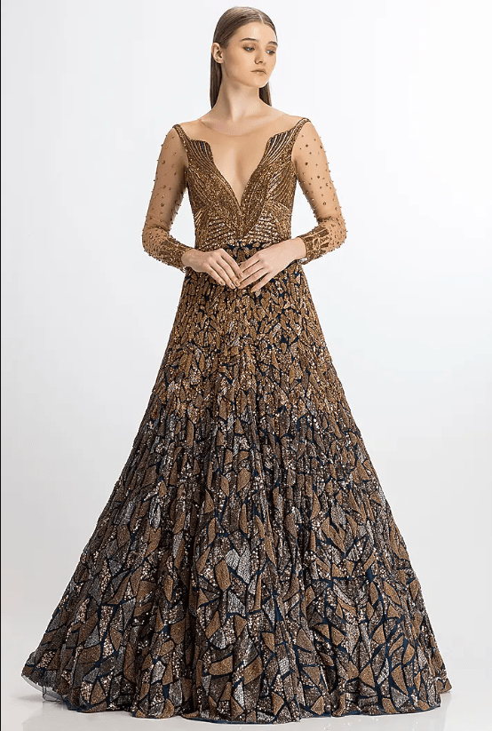 Midnight Blue & Copper Italian Tulle Hand Embroidered Gown
