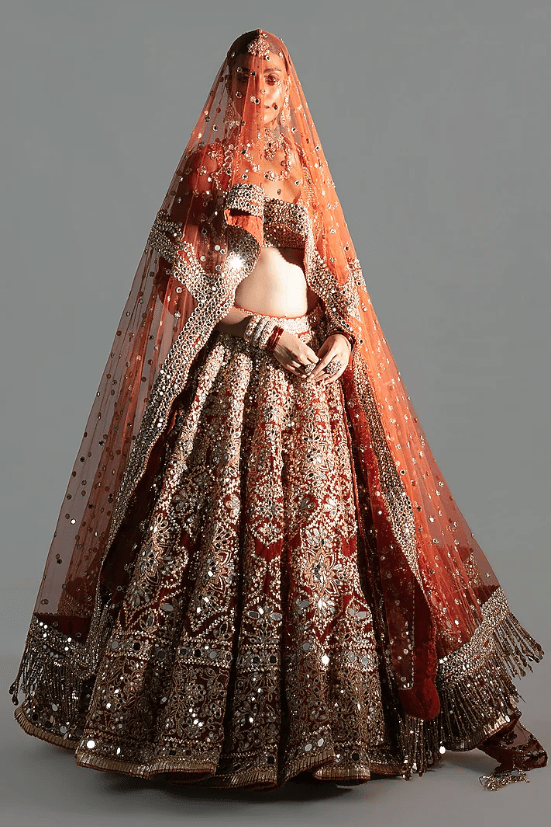 Flame Red Net Mirror & Gota Embroidered Lehenga Set