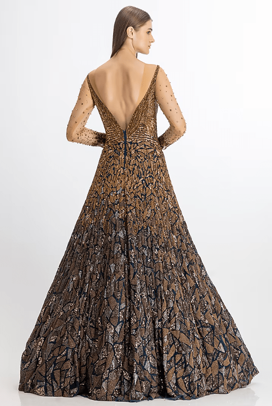 Midnight Blue & Copper Italian Tulle Hand Embroidered Gown - Image 2