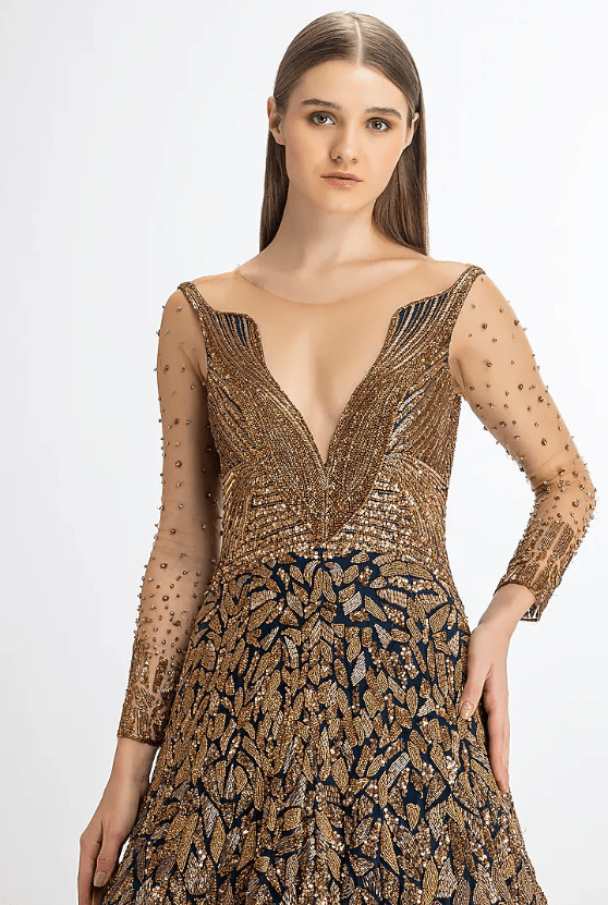 Midnight Blue & Copper Italian Tulle Hand Embroidered Gown - Image 3