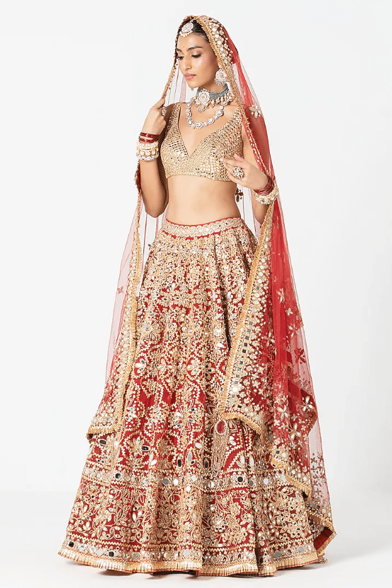 Flame Red Net Mirror & Gota Embroidered Lehenga Set - Image 3