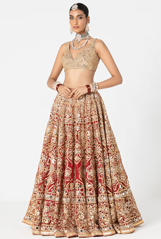 Flame Red Net Mirror & Gota Embroidered Lehenga Set - Image 4