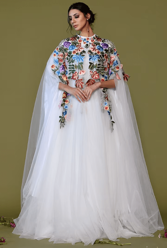 Off-White Net & Cotton Embroidered Cape Gown