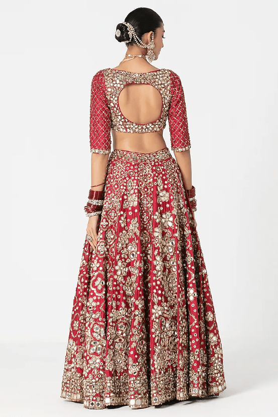 Red Silk Zari & Thread Embroidered Lehenga Set - Image 2