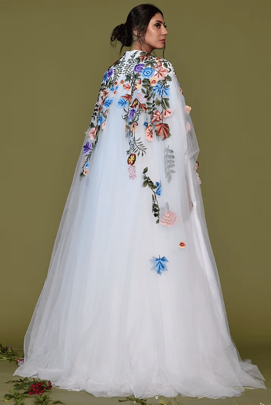 Off-White Net & Cotton Embroidered Cape Gown - Image 2
