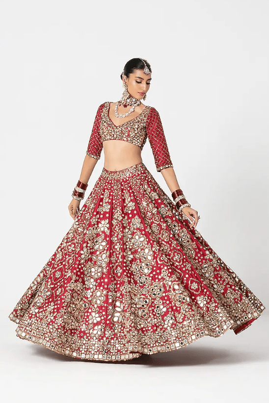 Red Silk Zari & Thread Embroidered Lehenga Set - Image 3