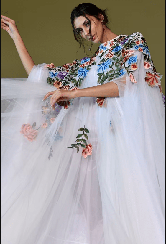 Off-White Net & Cotton Embroidered Cape Gown - Image 3