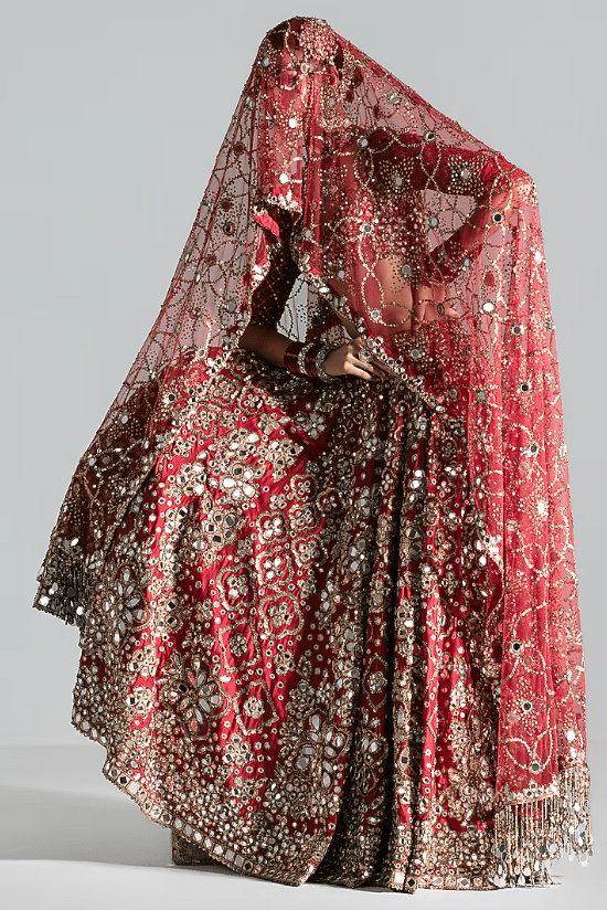 Red Silk Zari & Thread Embroidered Lehenga Set - Image 4