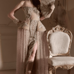 Beige Gold Tulle Embellished Strapless 'Gown